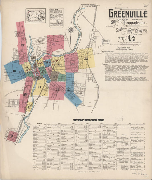 Sanborn Fire Insurance Map from Greenville, Mercer County, Pennsylvania (1922), Sheet #0001 - Historic Sanborn Fire Insurance Map Print, vintage old map wall art, antique decor, genealogy gift, Pennsylvania Pennsylvania map