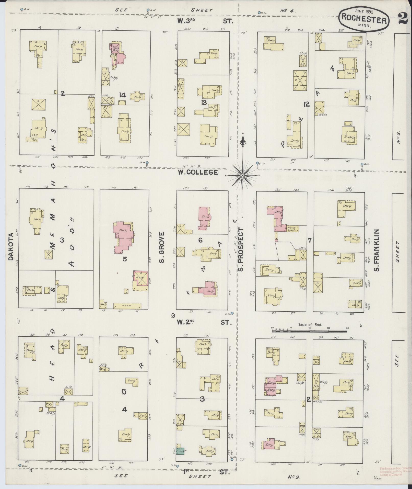 Sanborn Fire Insurance Map from Rochester, Olmsted County, Minnesota (1890), Sheet #0002 - Complete Map Set gallery image, historic Sanborn map, vintage wall art, Minnesota Minnesota