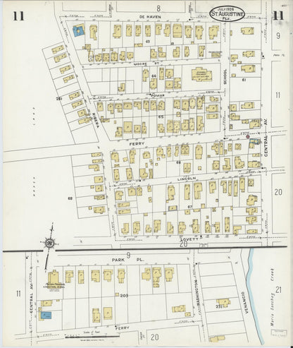 Sanborn Fire Insurance Map from Saint Augustine, Saint John's County, Florida (1924), Sheet #0011 - Historic Sanborn Fire Insurance Map Print, vintage old map wall art, antique decor, genealogy gift, Florida Florida map