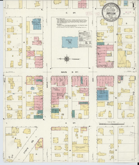 Sanborn Fire Insurance Map from Mason, Ingham County, Michigan (1909), Sheet #0001 - Historic Sanborn Fire Insurance Map Print, vintage old map wall art, antique decor, genealogy gift, Michigan Michigan map