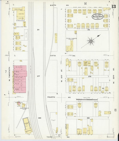 Sanborn Fire Insurance Map from Bessemer, Jefferson County, Alabama (1908), Sheet #0013 - Complete Map Set gallery image, historic Sanborn map, vintage wall art, Alabama Alabama