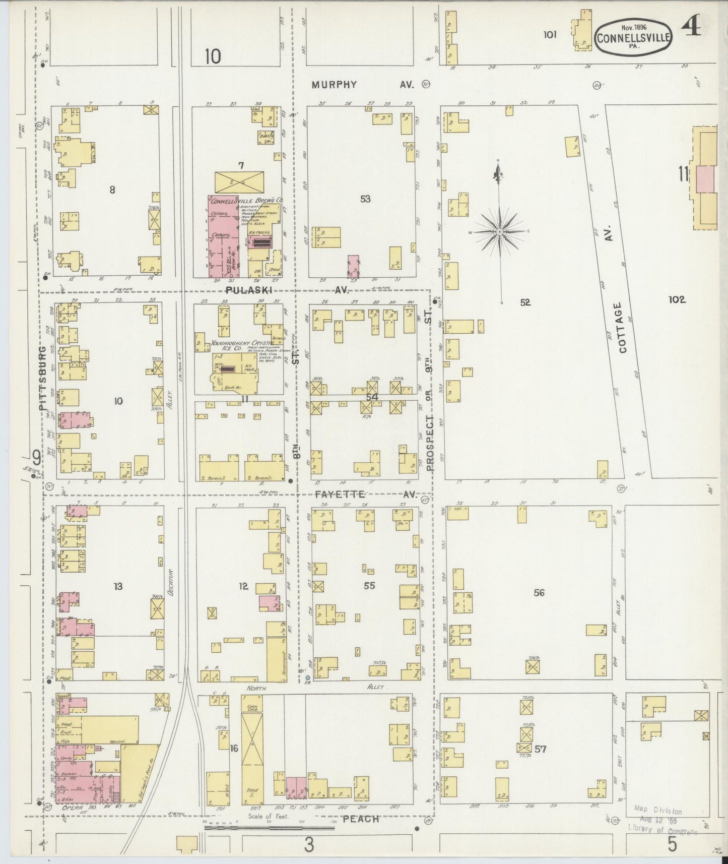 Sanborn Fire Insurance Map from Connellsville, Fayette County, Pennsylvania (1896), Sheet #0004 - Historic Sanborn Fire Insurance Map Print, vintage old map wall art, antique decor, genealogy gift, Pennsylvania Pennsylvania map