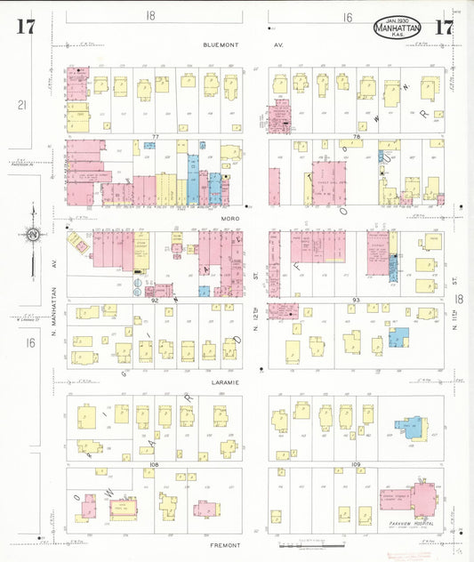 Sanborn Fire Insurance Map from Manhattan, Riley County, Kansas (1930), Sheet #0017 - Historic Sanborn Fire Insurance Map Print, vintage old map wall art, antique decor, genealogy gift, Kansas Kansas map