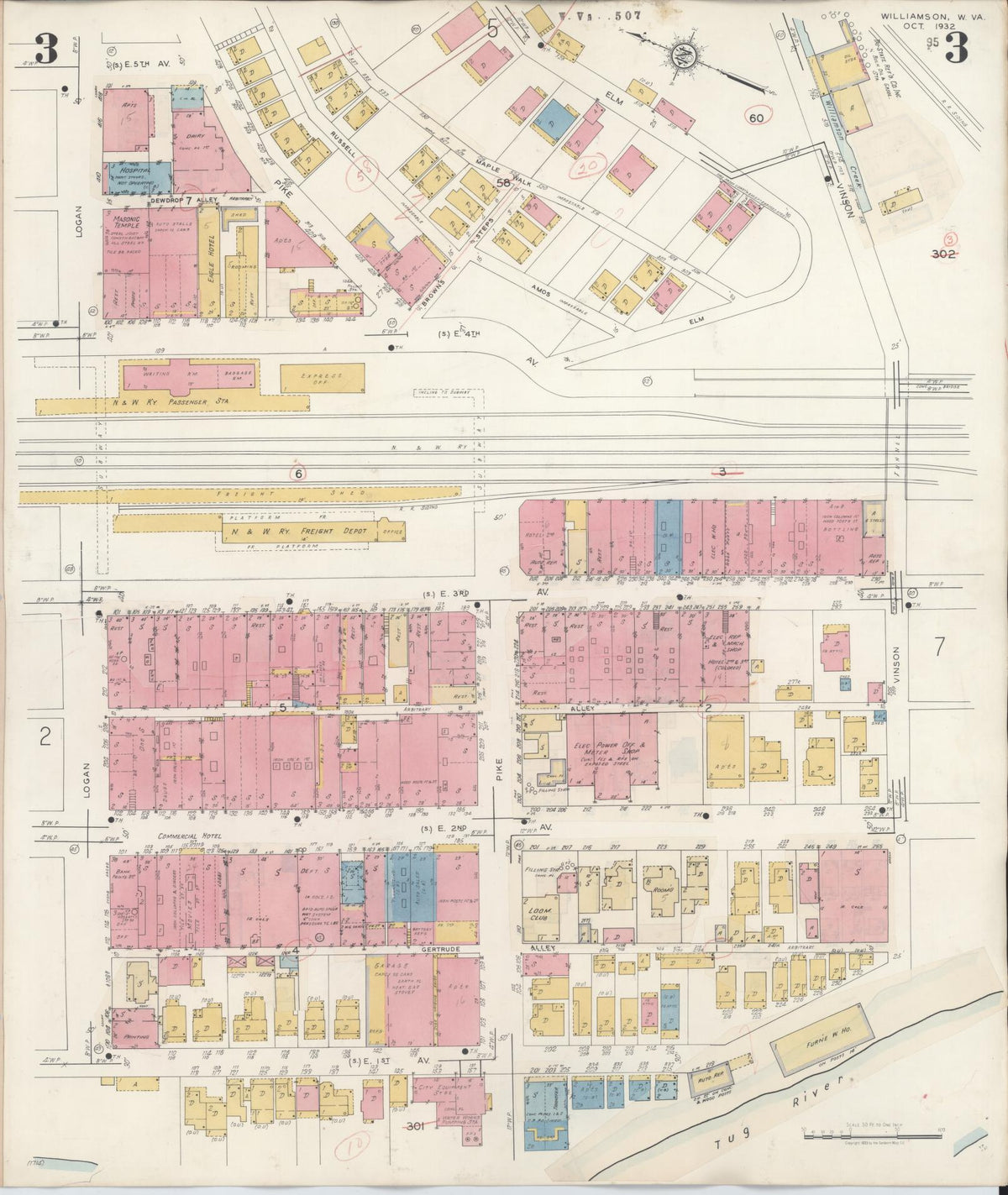 Sanborn Fire Insurance Map from Williamson, Mingo County, West Virginia (1943), Sheet #0003 - Complete Map Set gallery image, historic Sanborn map, vintage wall art, West Virginia West Virginia
