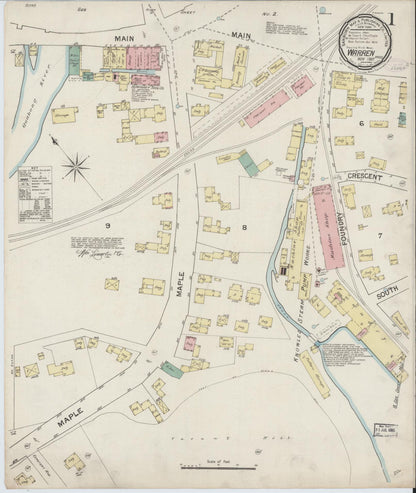 Sanborn Fire Insurance Map from Warren, Worcester County, Massachusetts (1887), Sheet #0001 - Historic Sanborn Fire Insurance Map Print, vintage old map wall art, antique decor, genealogy gift, Massachusetts Massachusetts map