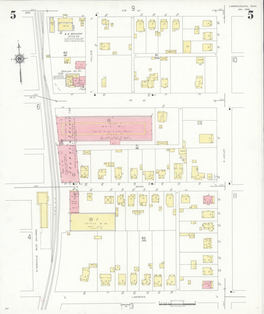 Sanborn Fire Insurance Map from Lawrenceburg, Lawrence County, Tennessee (1939), Sheet #0005 - Historic Sanborn Fire Insurance Map Print, vintage old map wall art, antique decor, genealogy gift, Tennessee Tennessee map