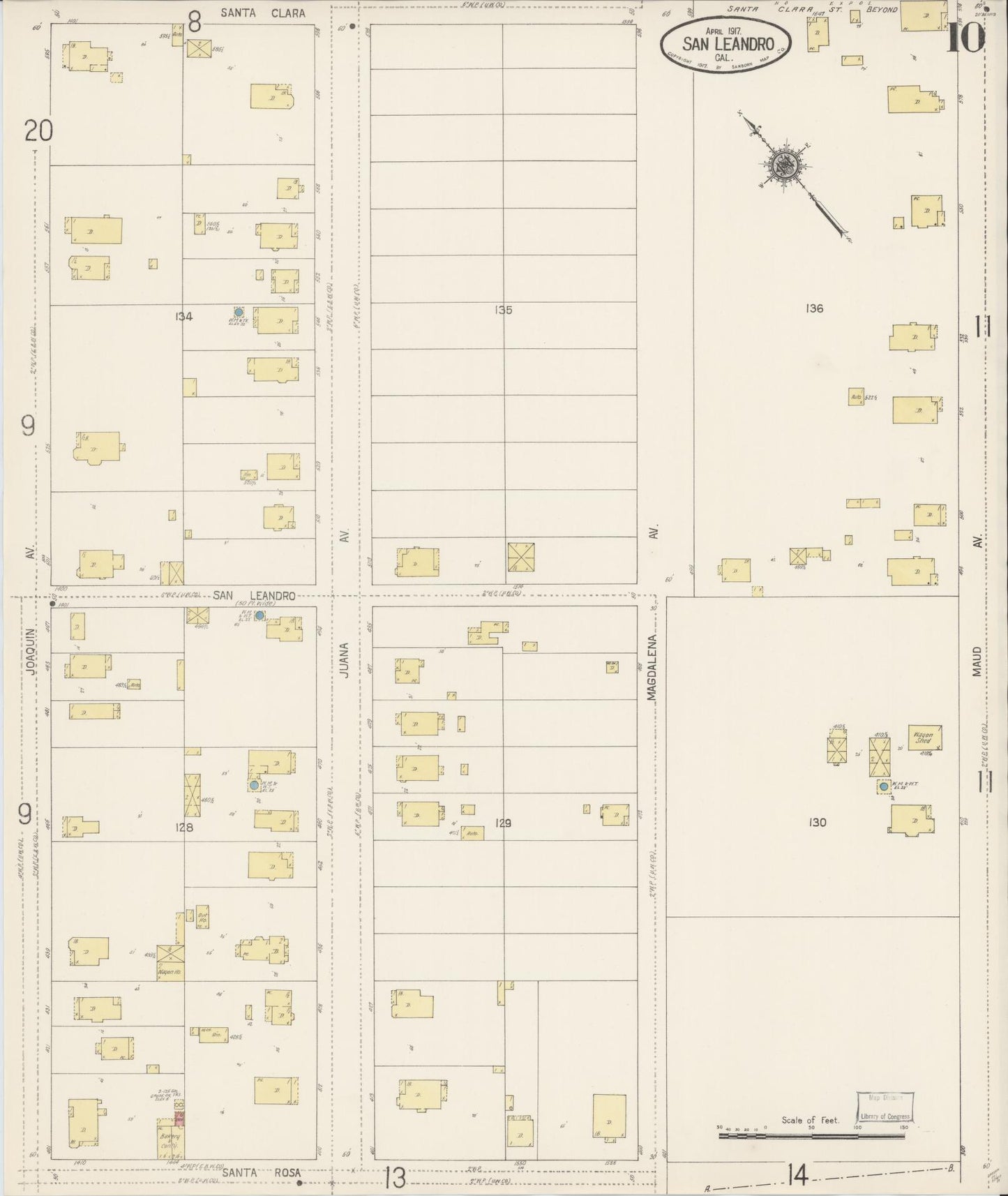 Sanborn Fire Insurance Map from San Leandro, Alameda County, California (1917), Sheet #0010 - Complete Map Set gallery image, historic Sanborn map, vintage wall art, California California