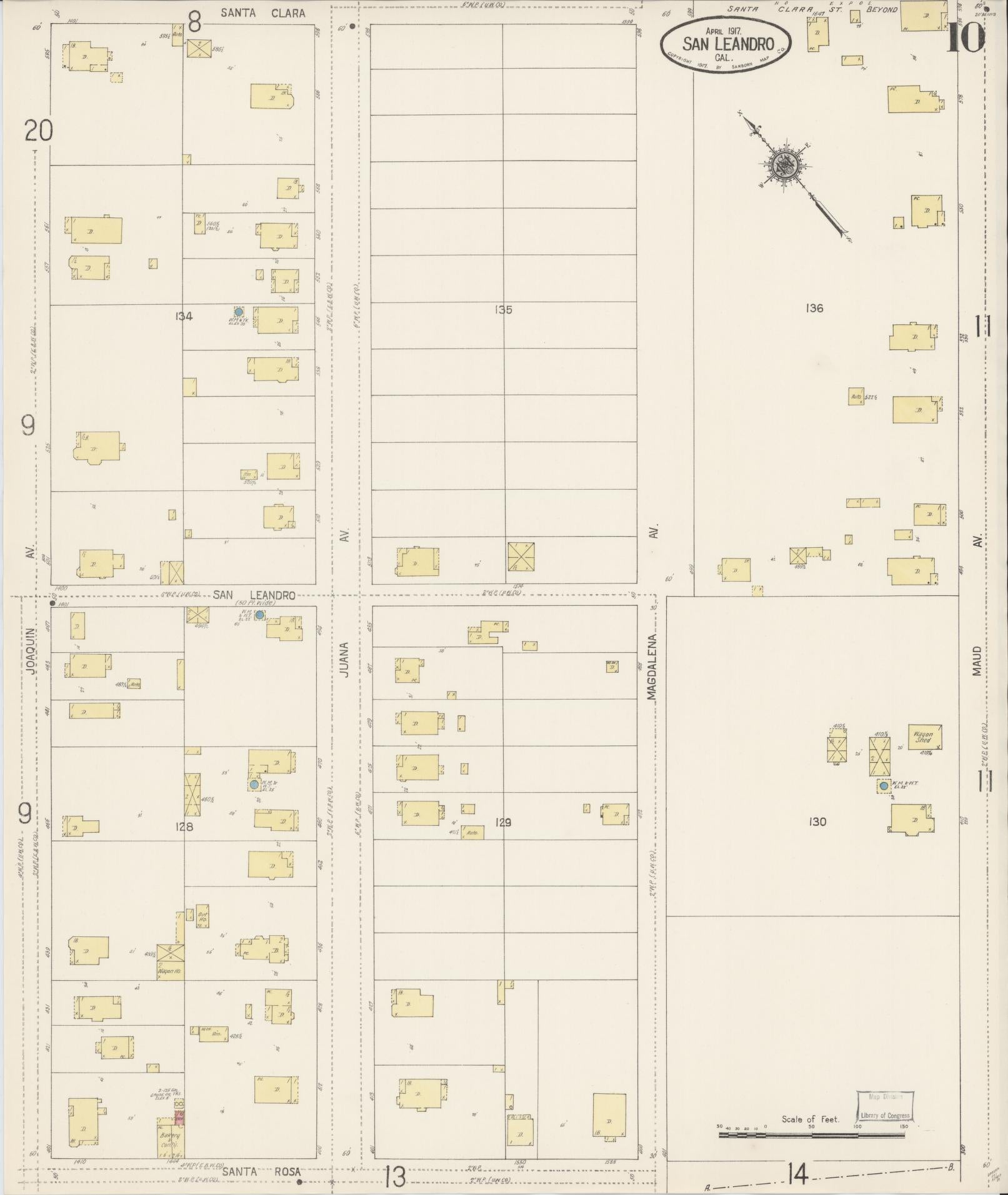 Sanborn Fire Insurance Map from San Leandro, Alameda County, California (1917), Sheet #0010 - Complete Map Set gallery image, historic Sanborn map, vintage wall art, California California