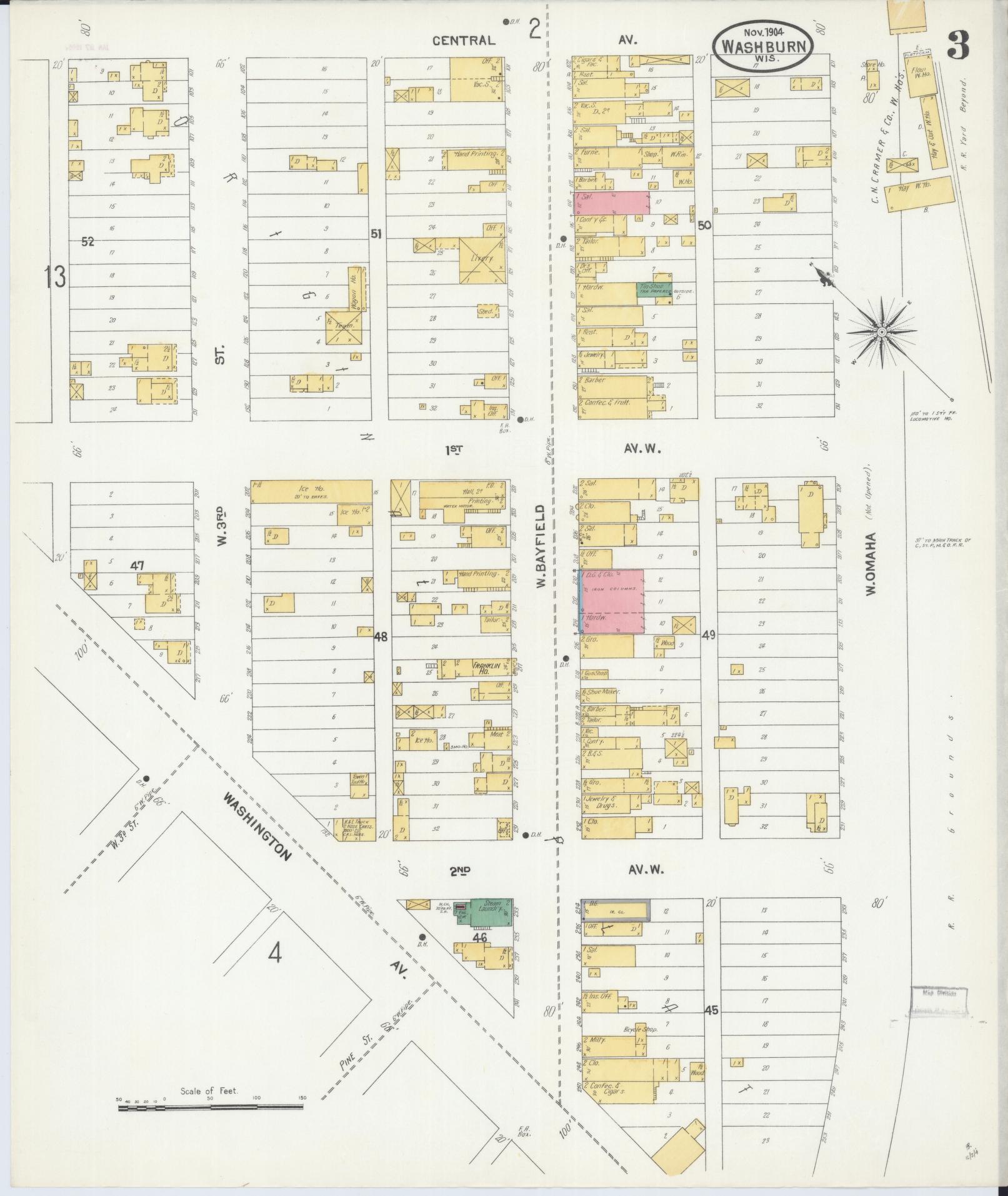Sanborn Fire Insurance Map from Washburn, Bayfield County, Wisconsin (1904), Sheet #0003 - Complete Map Set gallery image, historic Sanborn map, vintage wall art, Wisconsin Wisconsin