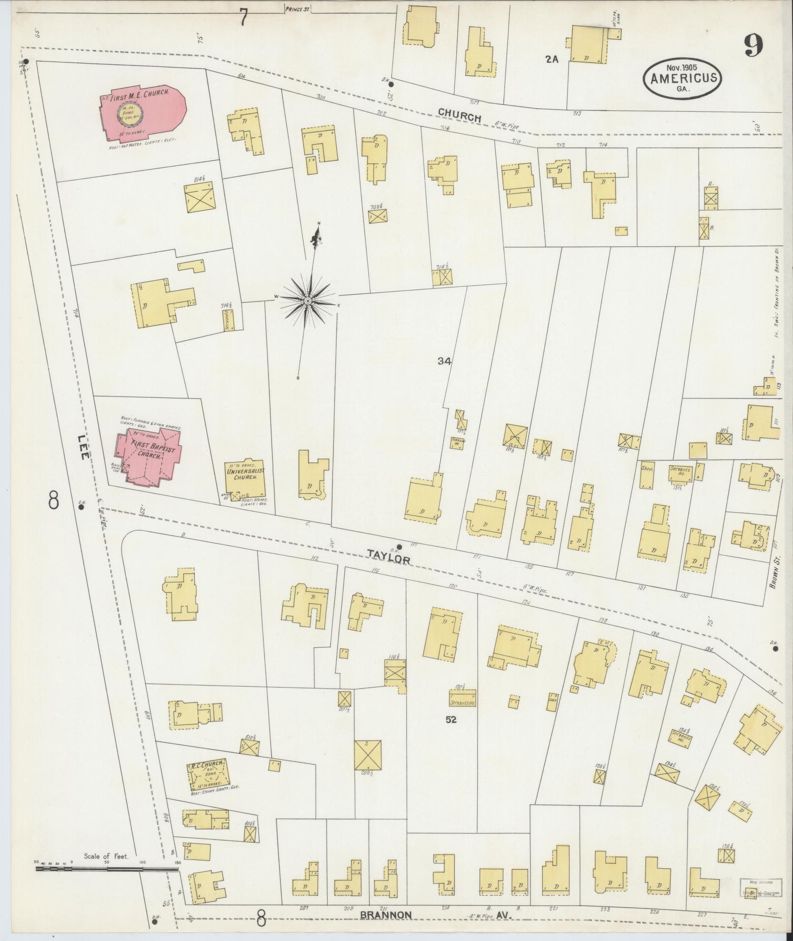 Sanborn Fire Insurance Map from Americus, Sumter County, Georgia (1905), Sheet #0009 - Complete Map Set gallery image, historic Sanborn map, vintage wall art, Georgia Georgia