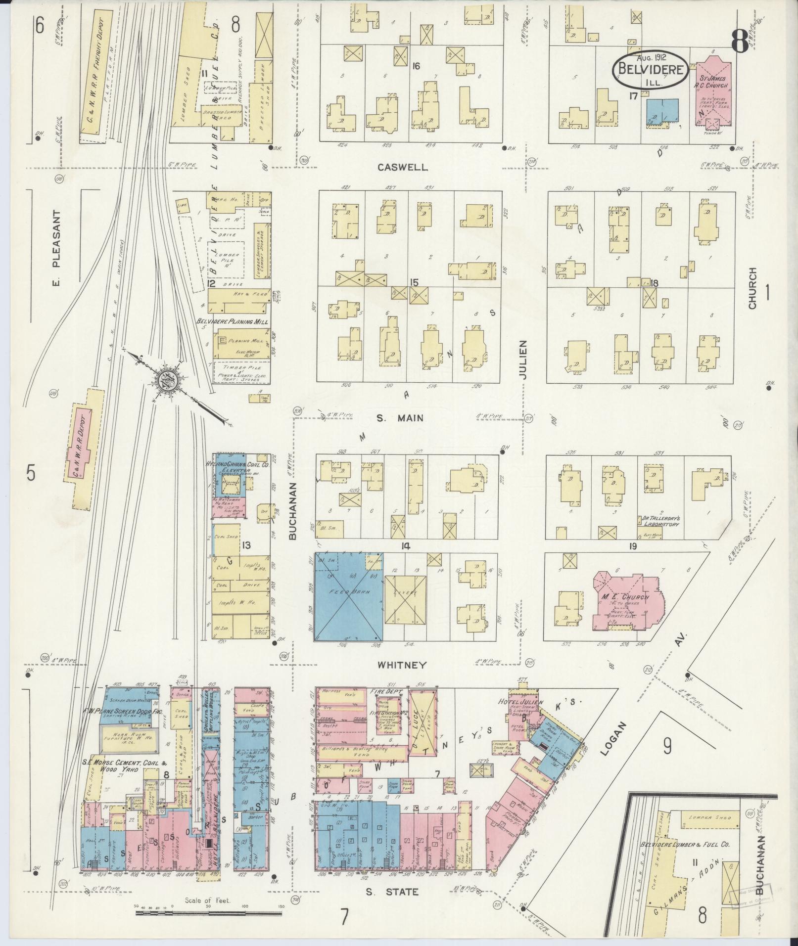 Sanborn Fire Insurance Map from Belvidere, Boone County, Illinois (1912), Sheet #0008 - Historic Sanborn Fire Insurance Map Print, vintage old map wall art, antique decor, genealogy gift, Illinois Illinois map