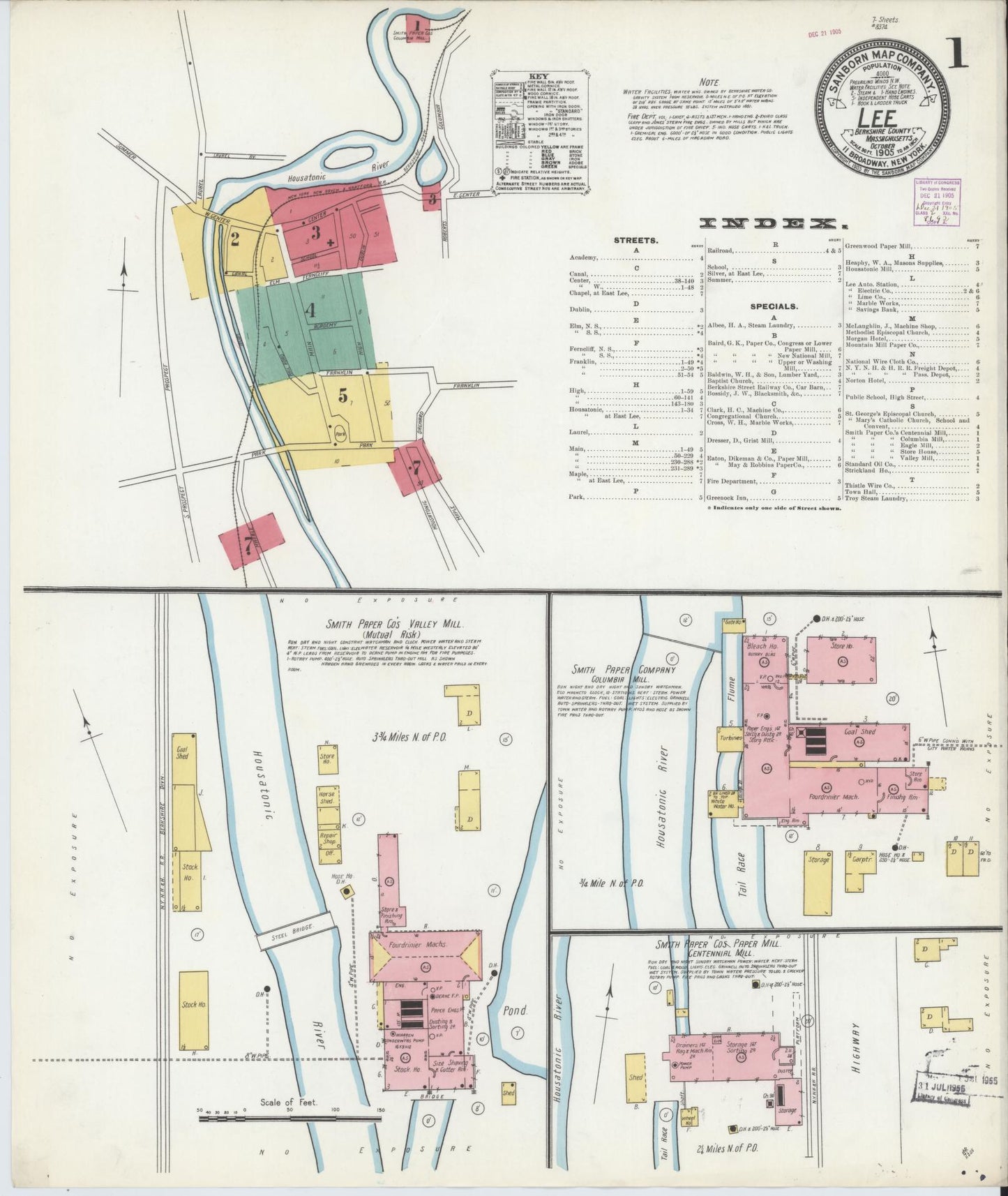 Sanborn Fire Insurance Map from Lee, Berkshire County, Massachusetts (1905), Sheet #0001 - Complete Map Set gallery image, historic Sanborn map, vintage wall art, Massachusetts Massachusetts