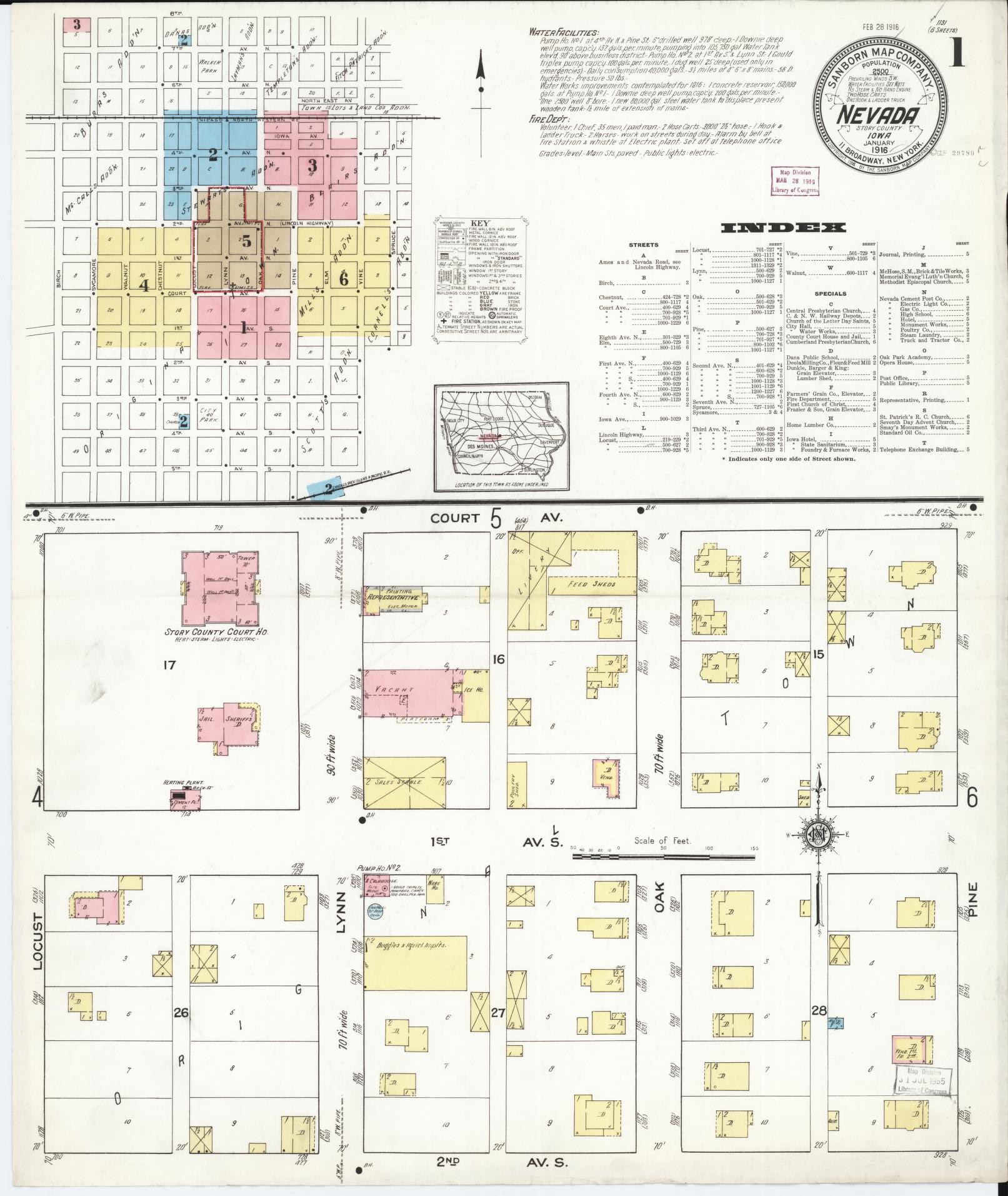 Sanborn Fire Insurance Map from Nevada, Story County, Iowa (1916), Sheet #0001 - Historic Sanborn Fire Insurance Map Print, vintage old map wall art, antique decor, genealogy gift, Nevada Nevada map