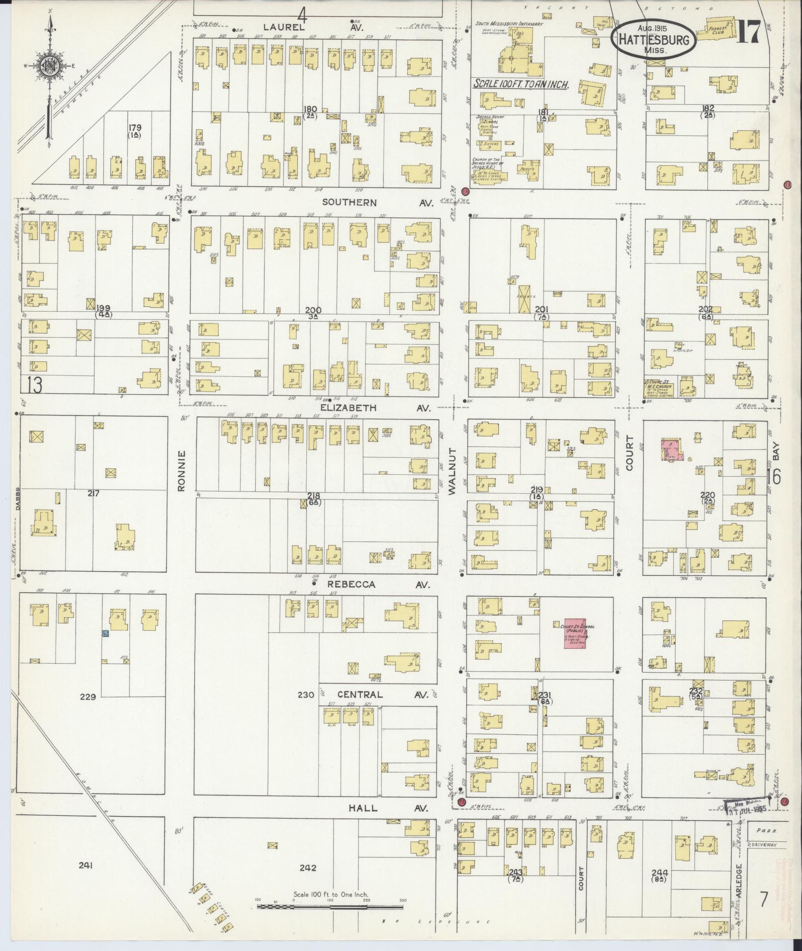 Sanborn Fire Insurance Map from Hattiesburg, Forrest County, Mississippi (1915), Sheet #0017 - Historic Sanborn Fire Insurance Map Print, vintage old map wall art, antique decor, genealogy gift, Mississippi Mississippi map