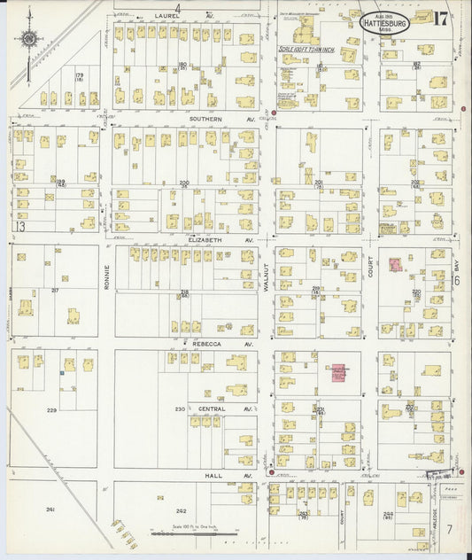 Sanborn Fire Insurance Map from Hattiesburg, Forrest County, Mississippi (1915), Sheet #0017 - Historic Sanborn Fire Insurance Map Print, vintage old map wall art, antique decor, genealogy gift, Mississippi Mississippi map