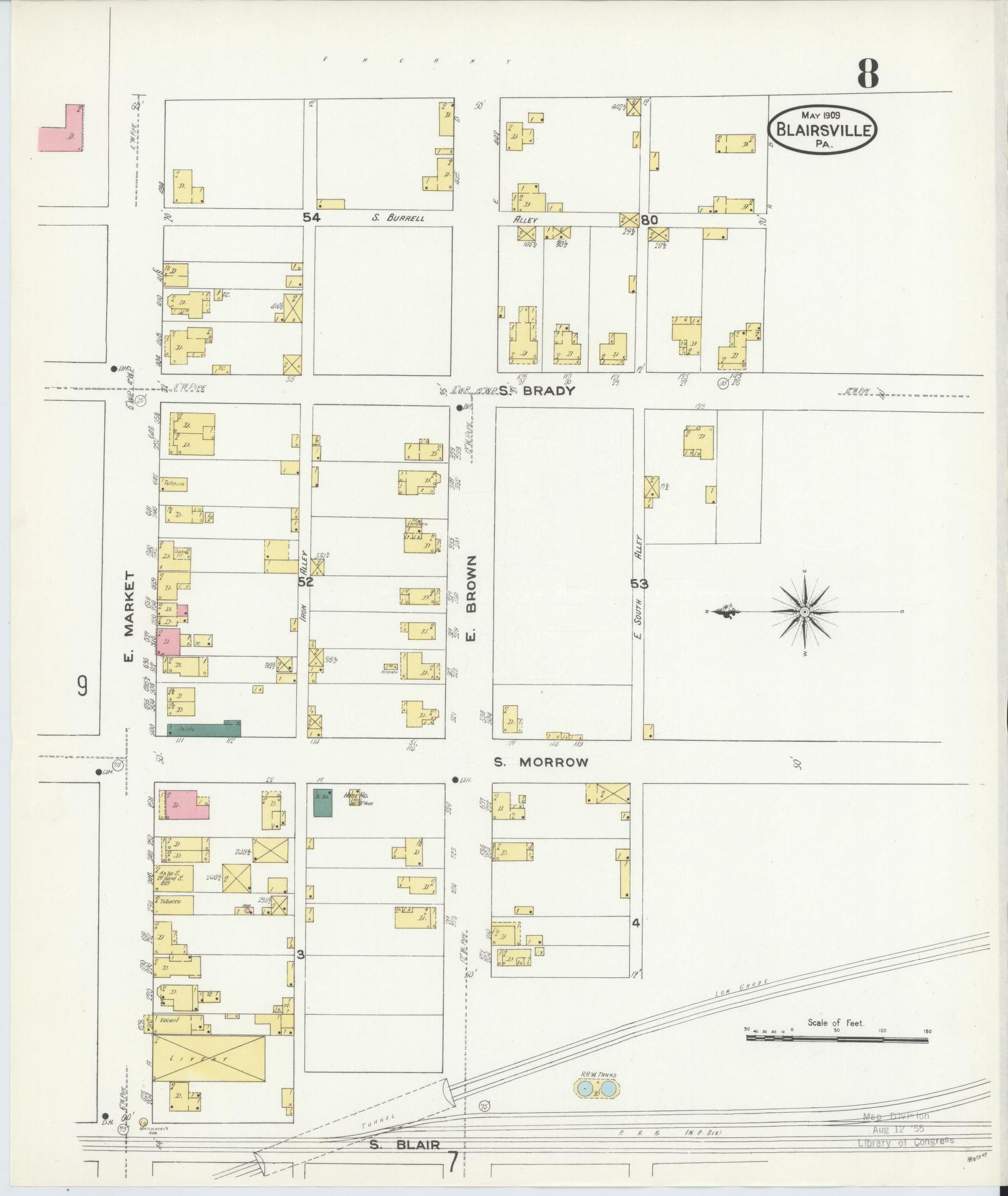Sanborn Fire Insurance Map from Blairsville, Indiana County, Pennsylvania (1909), Sheet #0008 - Historic Sanborn Fire Insurance Map Print, vintage old map wall art, antique decor, genealogy gift, Pennsylvania Pennsylvania map