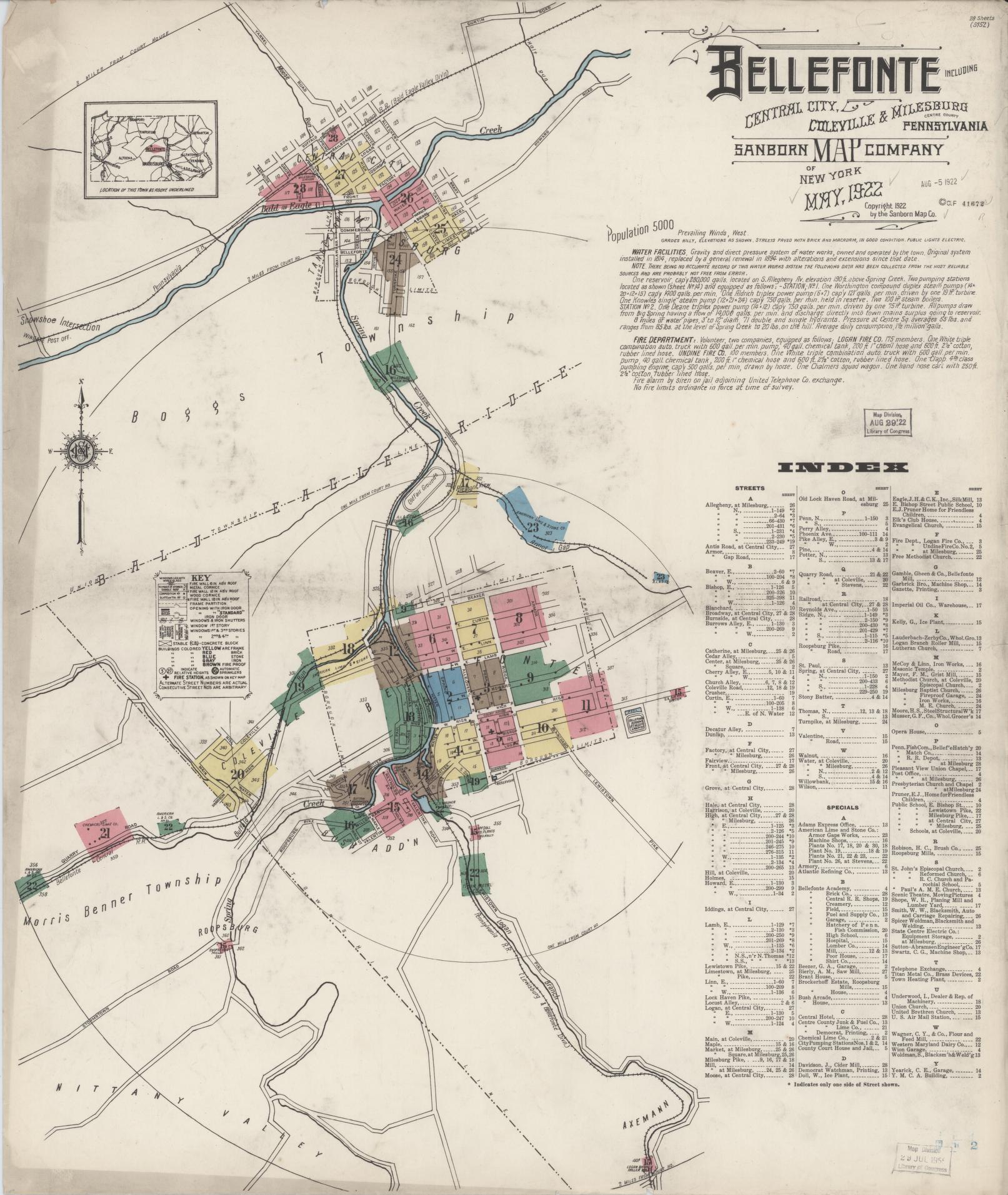 Sanborn Fire Insurance Map from Bellefonte, Centre County, Pennsylvania (1922), Sheet #0001 - Historic Sanborn Fire Insurance Map Print, vintage old map wall art, antique decor, genealogy gift, Pennsylvania Pennsylvania map