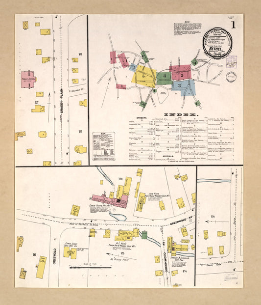 Sanborn Fire Insurance Map from Bethel, Fairfield County, Connecticut (1901), Sheet #0001 - Historic Sanborn Fire Insurance Map Print, vintage old map wall art, antique decor, genealogy gift, Connecticut Connecticut map