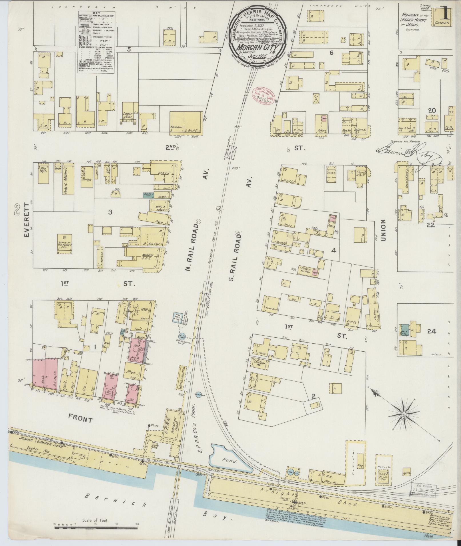Sanborn Fire Insurance Map from Morgan City, Saint Mary Parish, Louisiana (1895), Sheet #0001 - Historic Sanborn Fire Insurance Map Print, vintage old map wall art, antique decor, genealogy gift, Louisiana Louisiana map