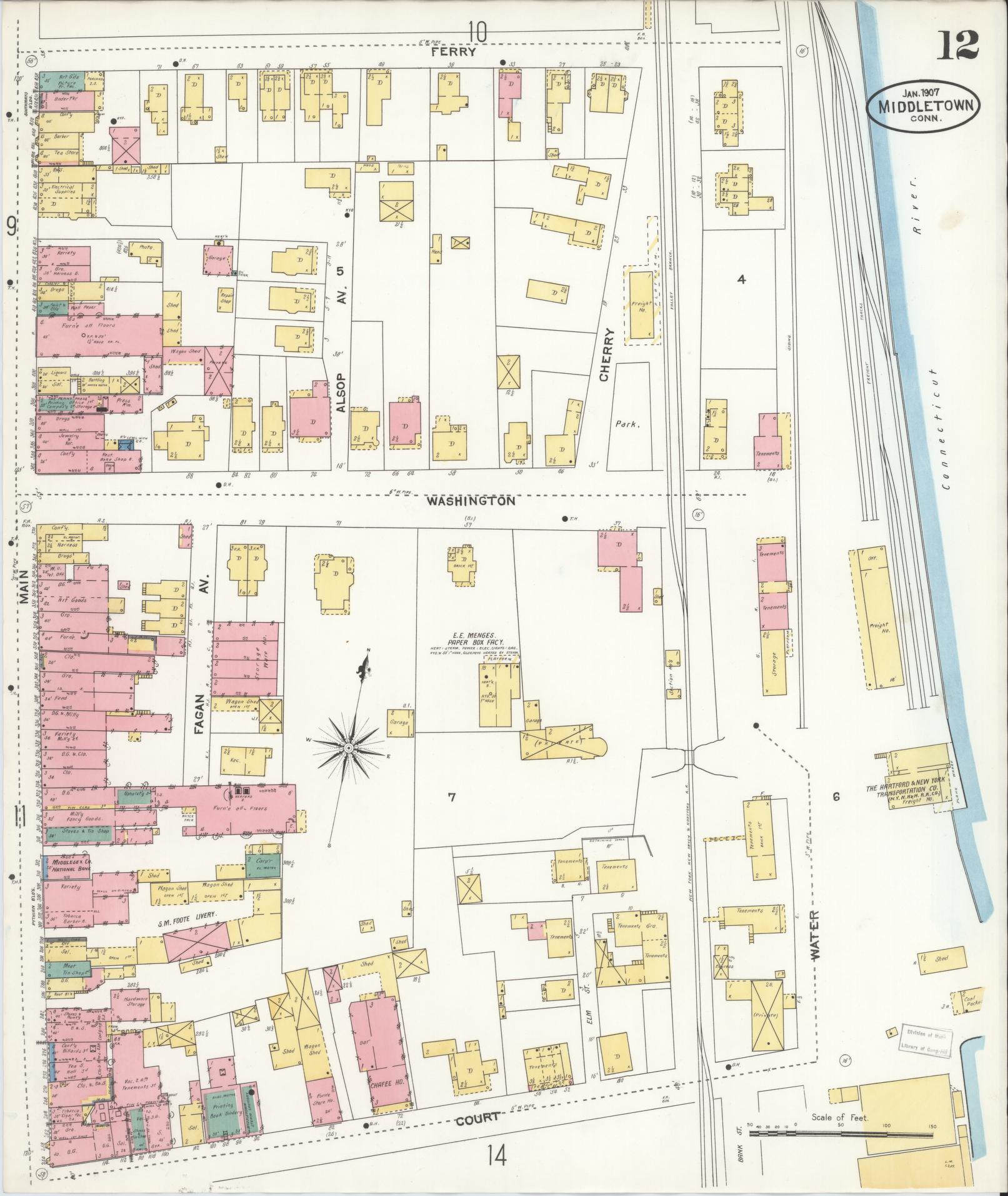 Sanborn Fire Insurance Map from Middletown, Middlesex County, Connecticut (1907), Sheet #0012 - Complete Map Set gallery image, historic Sanborn map, vintage wall art, Connecticut Connecticut