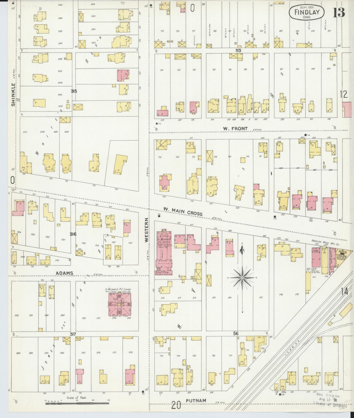 Sanborn Fire Insurance Map from Findlay, Hancock County, Ohio (1901), Sheet #0013 - Historic Sanborn Fire Insurance Map Print, vintage old map wall art, antique decor, genealogy gift, Ohio Ohio map
