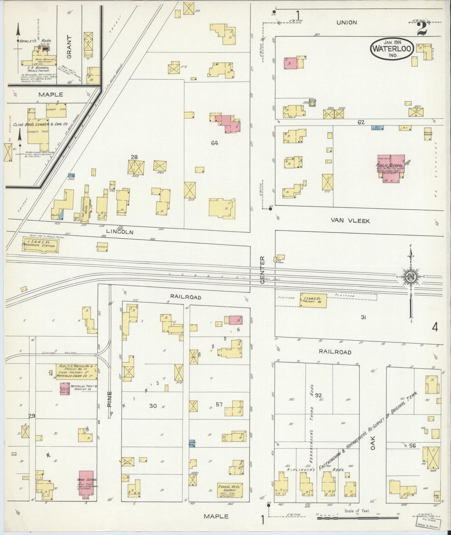 Sanborn Fire Insurance Map from Waterloo, De Kalb County, Indiana (1914), Sheet #0002 - Complete Map Set gallery image, historic Sanborn map, vintage wall art, Indiana Indiana