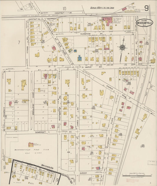 Sanborn Fire Insurance Map from Merchantville, Camden County, New Jersey (1921), Sheet #0009 - Historic Sanborn Fire Insurance Map Print, vintage old map wall art, antique decor, genealogy gift, New Jersey New Jersey map