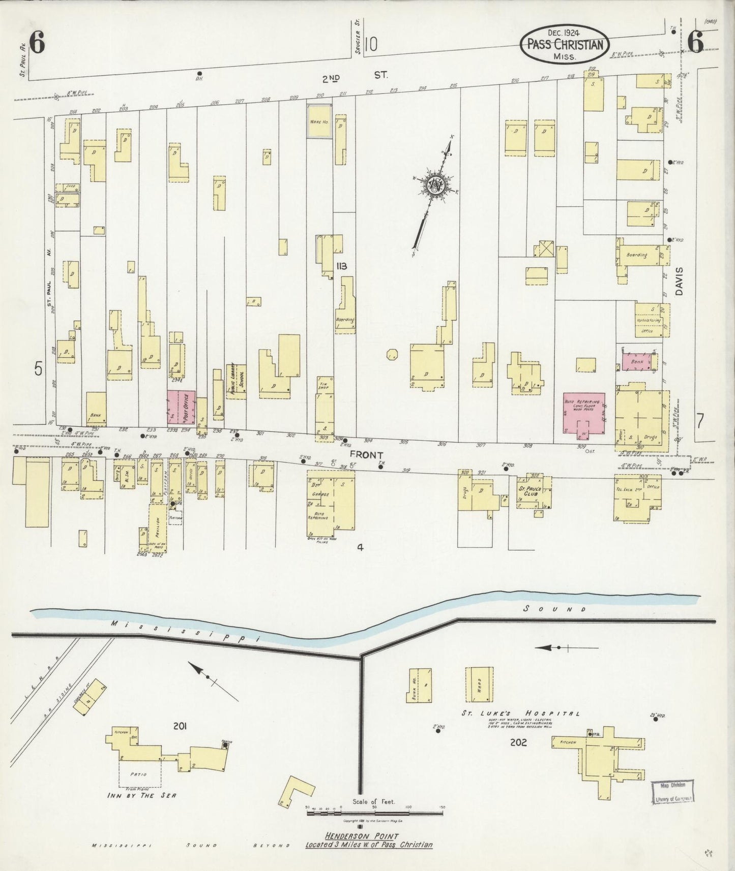 Sanborn Fire Insurance Map from Pass Christian, Harrison County, Mississippi (1924), Sheet #0006 - Historic Sanborn Fire Insurance Map Print, vintage old map wall art, antique decor, genealogy gift, Mississippi Mississippi map