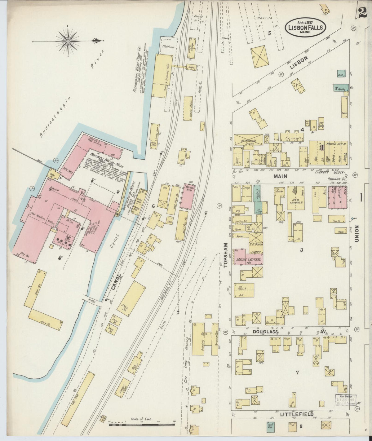 Sanborn Fire Insurance Map from Lisbon Falls, Androscoggin County, Maine (1897), Sheet #0002 - Historic Sanborn Fire Insurance Map Print, vintage old map wall art, antique decor, genealogy gift, Maine Maine map