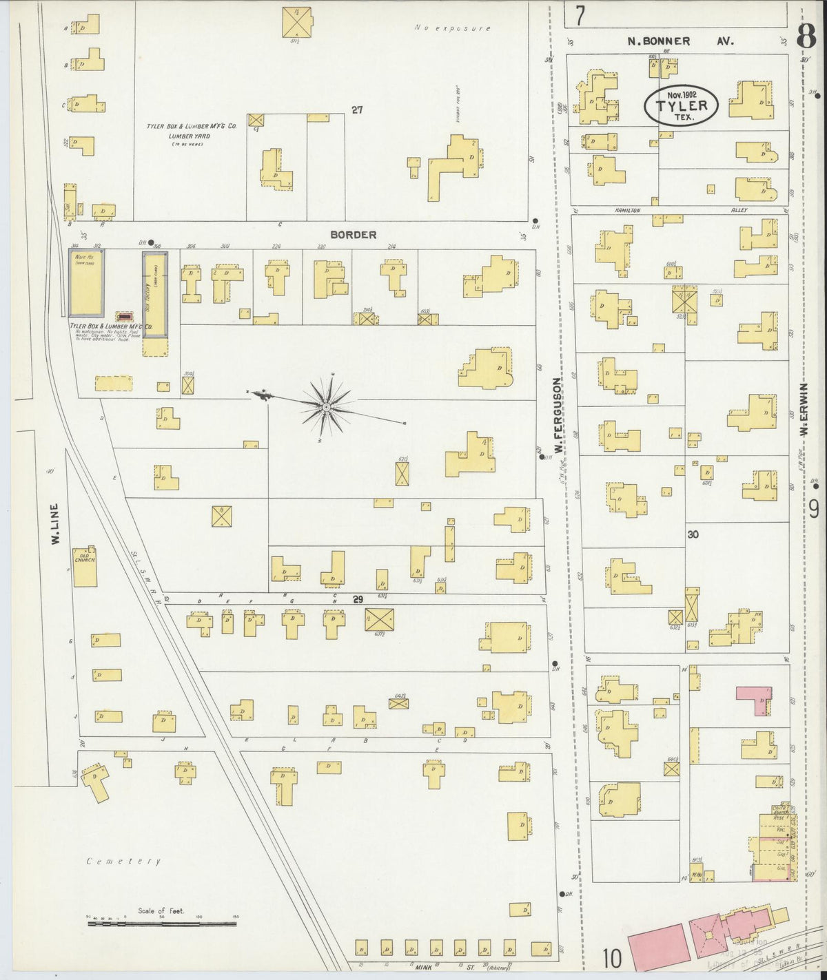 Sanborn Fire Insurance Map from Tyler, Smith County, Texas (1902), Sheet #0008 - Historic Sanborn Fire Insurance Map Print, vintage old map wall art, antique decor, genealogy gift, Texas Texas map