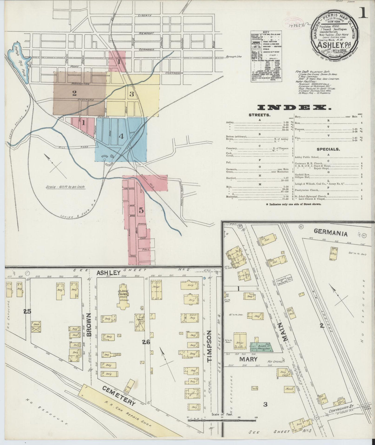 Sanborn Fire Insurance Map from Ashley, Luzerne County, Pennsylvania (1891), Sheet #0001 - Complete Map Set gallery image, historic Sanborn map, vintage wall art, Pennsylvania Pennsylvania