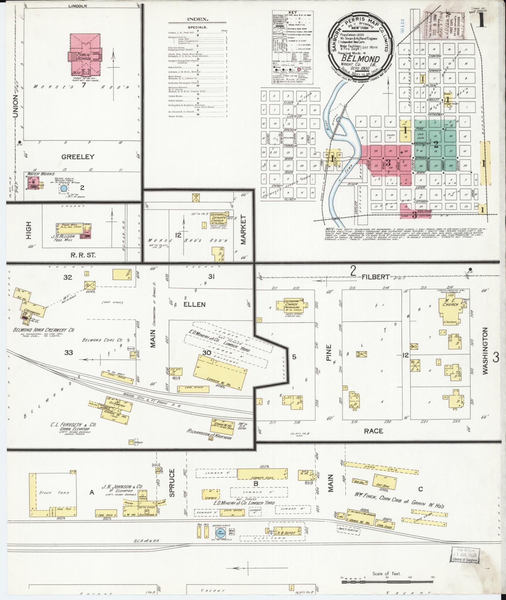 Sanborn Fire Insurance Map from Belmond, Wright County, Iowa (1900), Sheet #0001 - Historic Sanborn Fire Insurance Map Print, vintage old map wall art