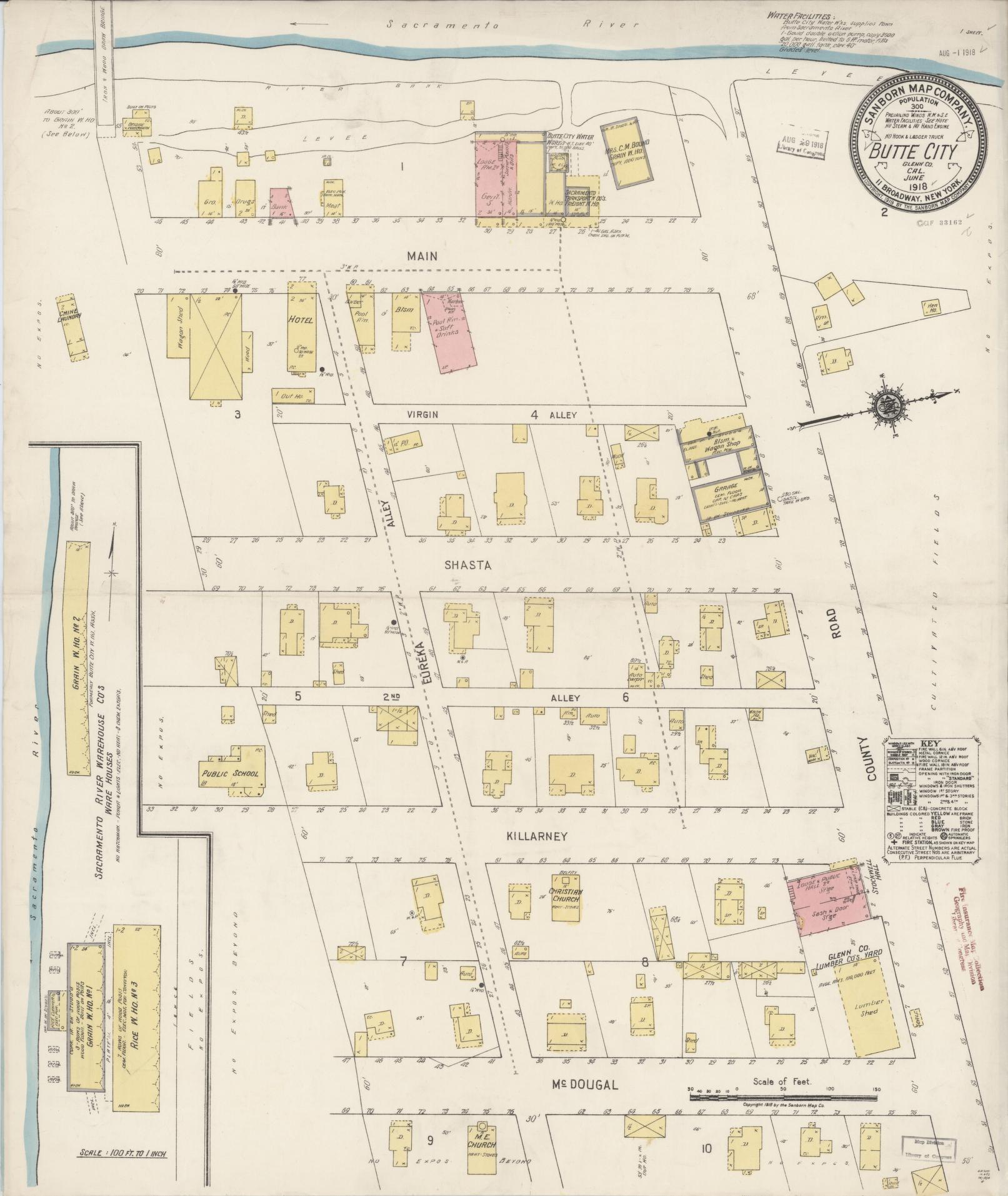Sanborn Fire Insurance Map from Butte City, Glenn County, California (1918), Sheet #0001 - Historic Sanborn Fire Insurance Map Print, vintage old map wall art, antique decor, genealogy gift, California California map