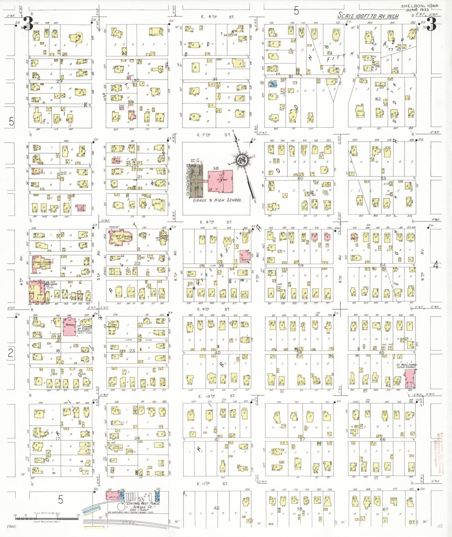 Sanborn Fire Insurance Map from Sheldon, O'Brien County, Iowa (1933), Sheet #0003 - Historic Sanborn Fire Insurance Map Print, vintage old map wall art