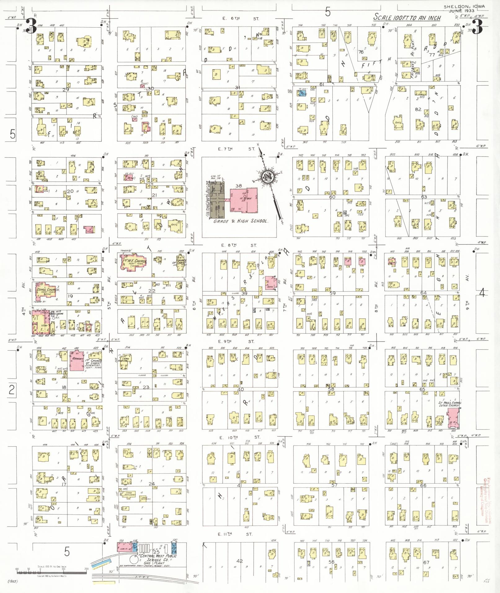 Sanborn Fire Insurance Map from Sheldon, O'Brien County, Iowa (1933), Sheet #0003 - Historic Sanborn Fire Insurance Map Print, vintage old map wall art