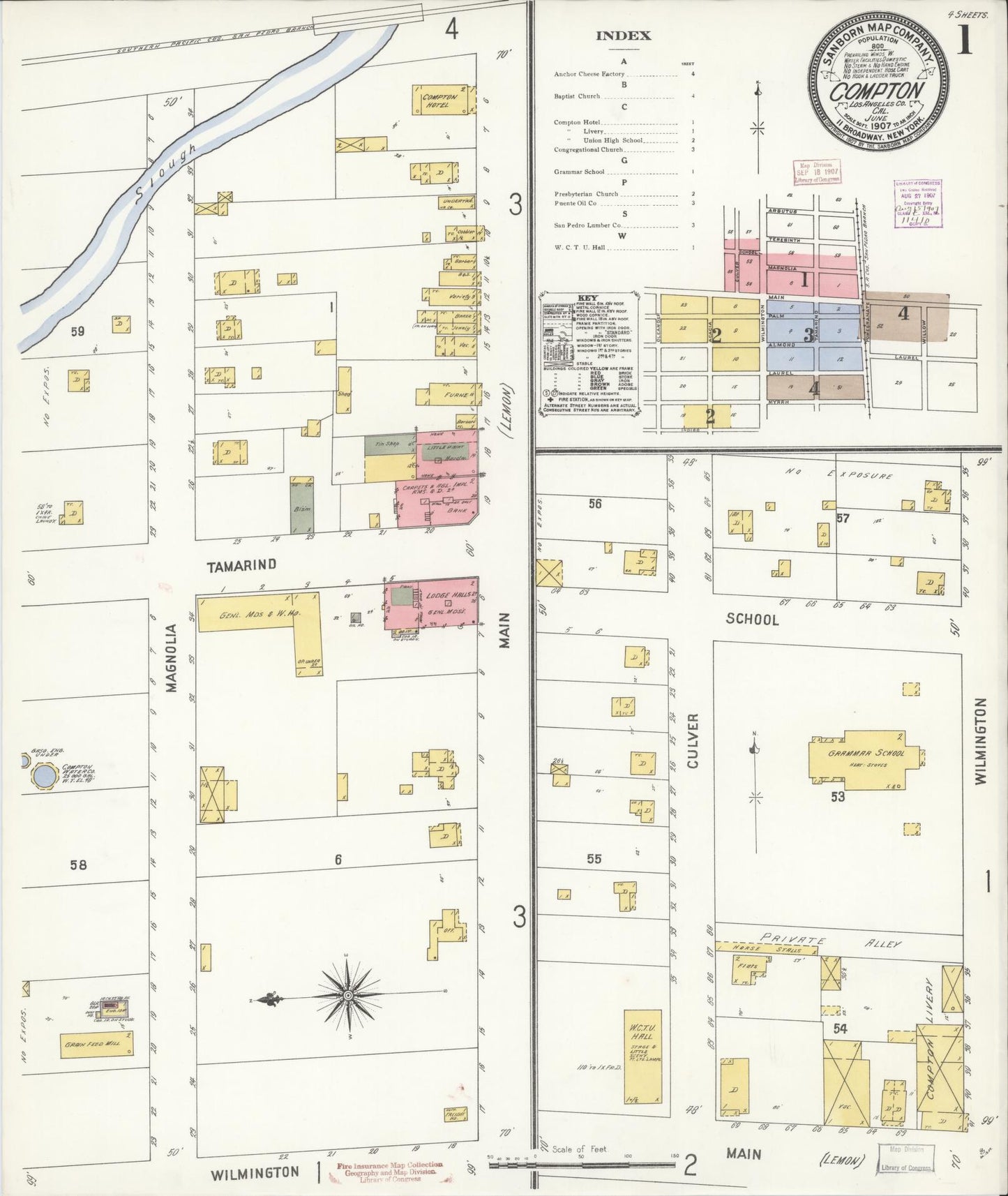 Sanborn Fire Insurance Map from Compton, Los Angeles County, California (1907), Sheet #0001 - Complete Map Set gallery image, historic Sanborn map, vintage wall art, California California