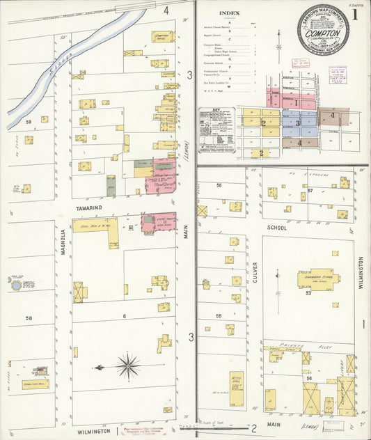 Sanborn Fire Insurance Map from Compton, Los Angeles County, California (1907), Sheet #0001 - Complete Map Set gallery image, historic Sanborn map, vintage wall art, California California