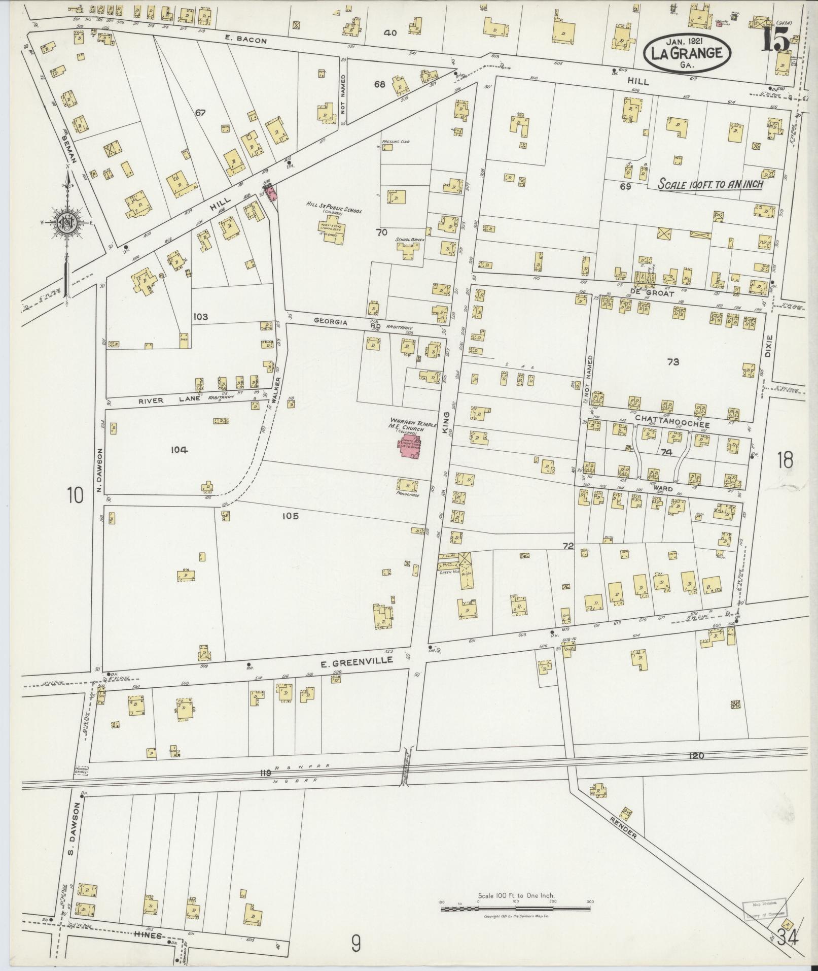 Sanborn Fire Insurance Map from La Grange, Troup County, Georgia (1921), Sheet #0015 - Historic Sanborn Fire Insurance Map Print, vintage old map wall art, antique decor, genealogy gift, Georgia Georgia map