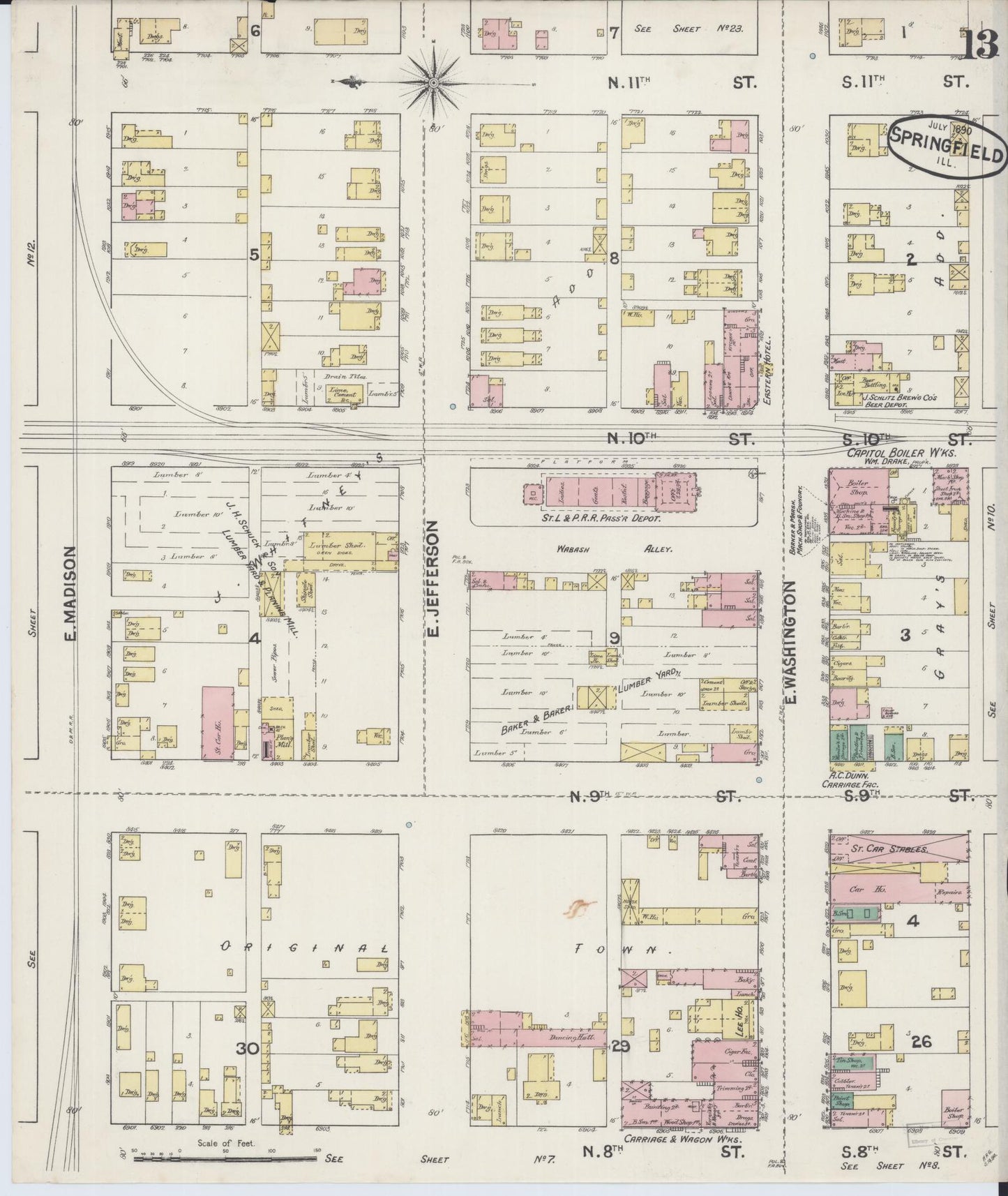 Sanborn Fire Insurance Map from Springfield, Sangamon County, Illinois (1890), Sheet #0013 - Complete Map Set gallery image, historic Sanborn map, vintage wall art, Illinois Illinois