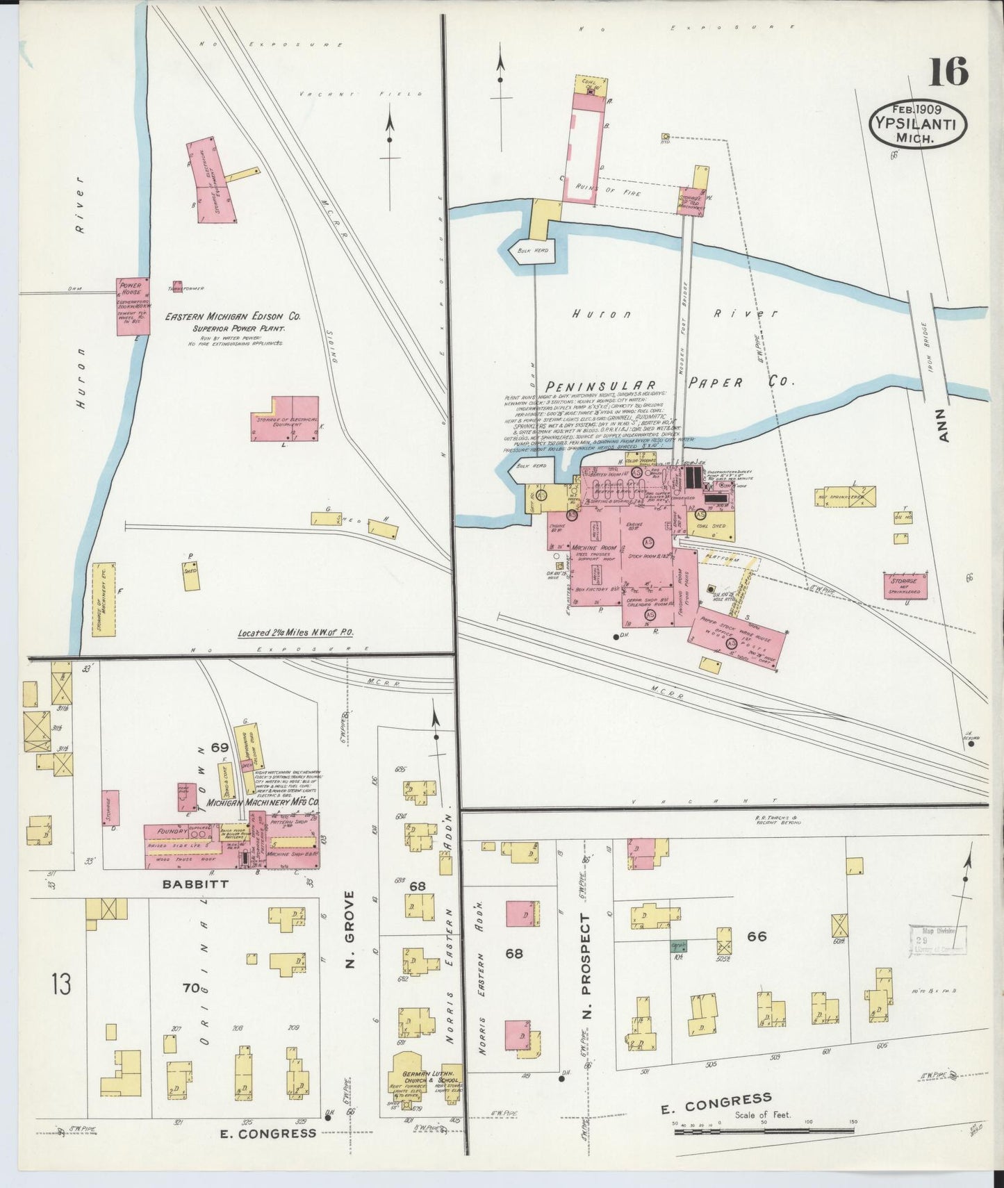 Sanborn Fire Insurance Map from Ypsilanti, Washtenaw County, Michigan (1909), Sheet #0016 - Complete Map Set gallery image, historic Sanborn map, vintage wall art, Michigan Michigan