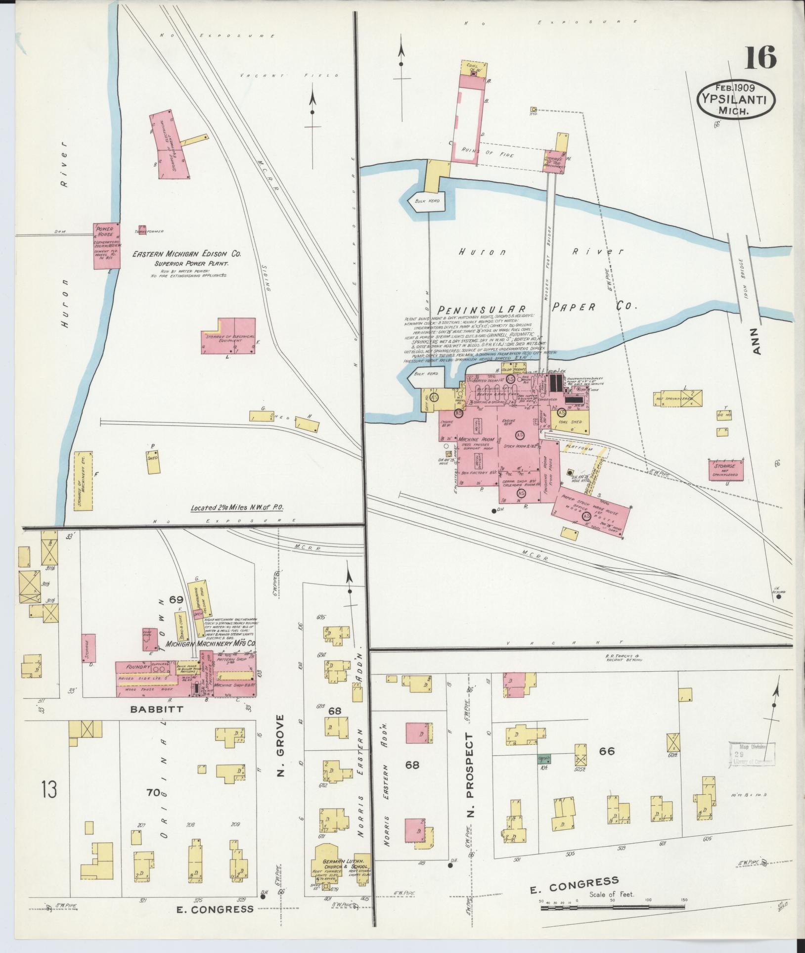 Sanborn Fire Insurance Map from Ypsilanti, Washtenaw County, Michigan (1909), Sheet #0016 - Complete Map Set gallery image, historic Sanborn map, vintage wall art, Michigan Michigan