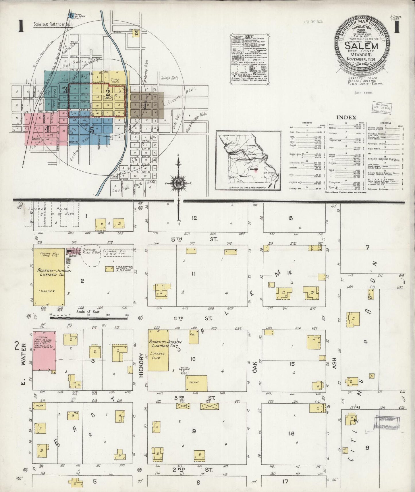 Sanborn Fire Insurance Map from Salem, Dent County, Missouri (1924), Sheet #0001 - Complete Map Set gallery image, historic Sanborn map, vintage wall art, Missouri Missouri