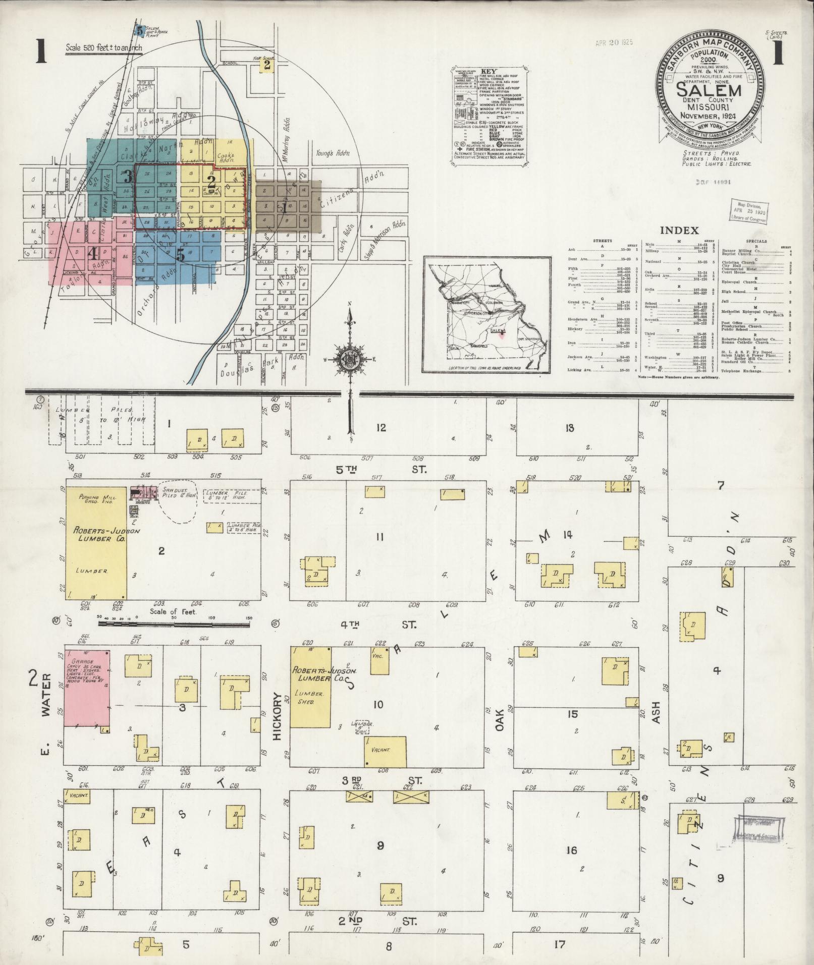 Sanborn Fire Insurance Map from Salem, Dent County, Missouri (1924), Sheet #0001 - Complete Map Set gallery image, historic Sanborn map, vintage wall art, Missouri Missouri