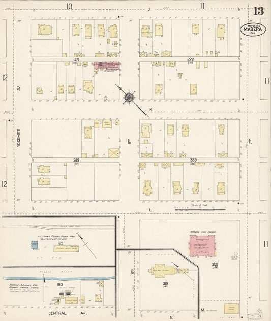 Sanborn Fire Insurance Map from Madera, Madera County, California (1912), Sheet #0013 - Historic Sanborn Fire Insurance Map Print, vintage old map wall art, antique decor, genealogy gift, California California map