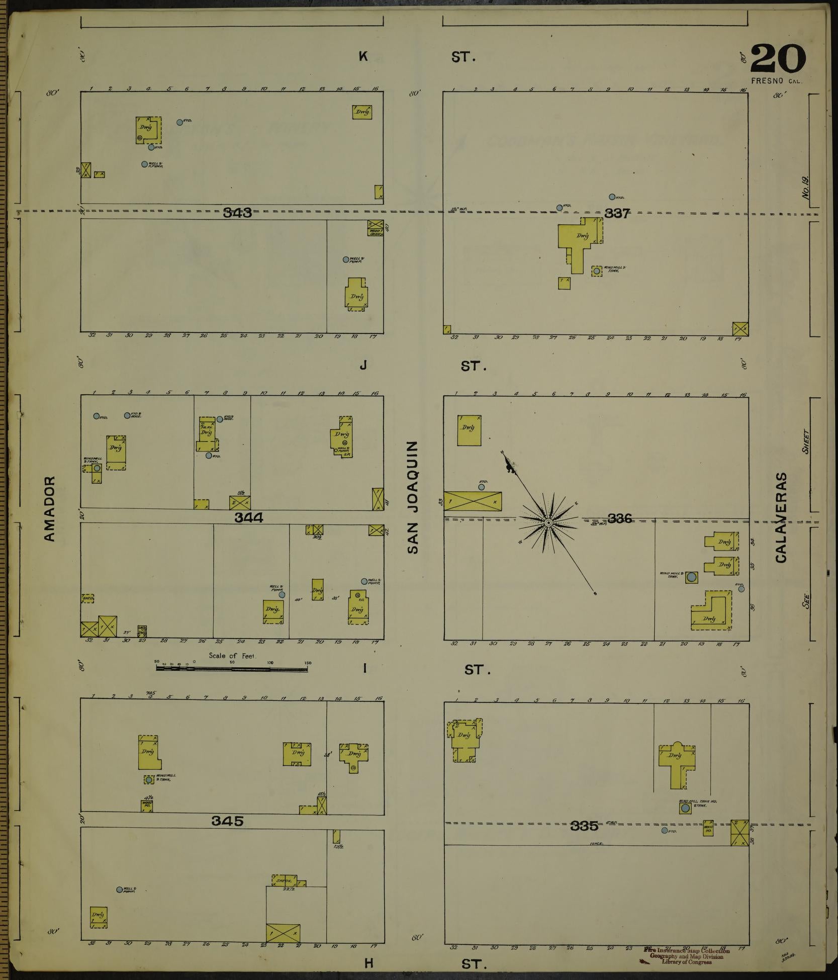 Sanborn Fire Insurance Map from Fresno, Fresno County, California (1888), Sheet #0020 - Historic Sanborn Fire Insurance Map Print, vintage old map wall art, antique decor, genealogy gift, California California map