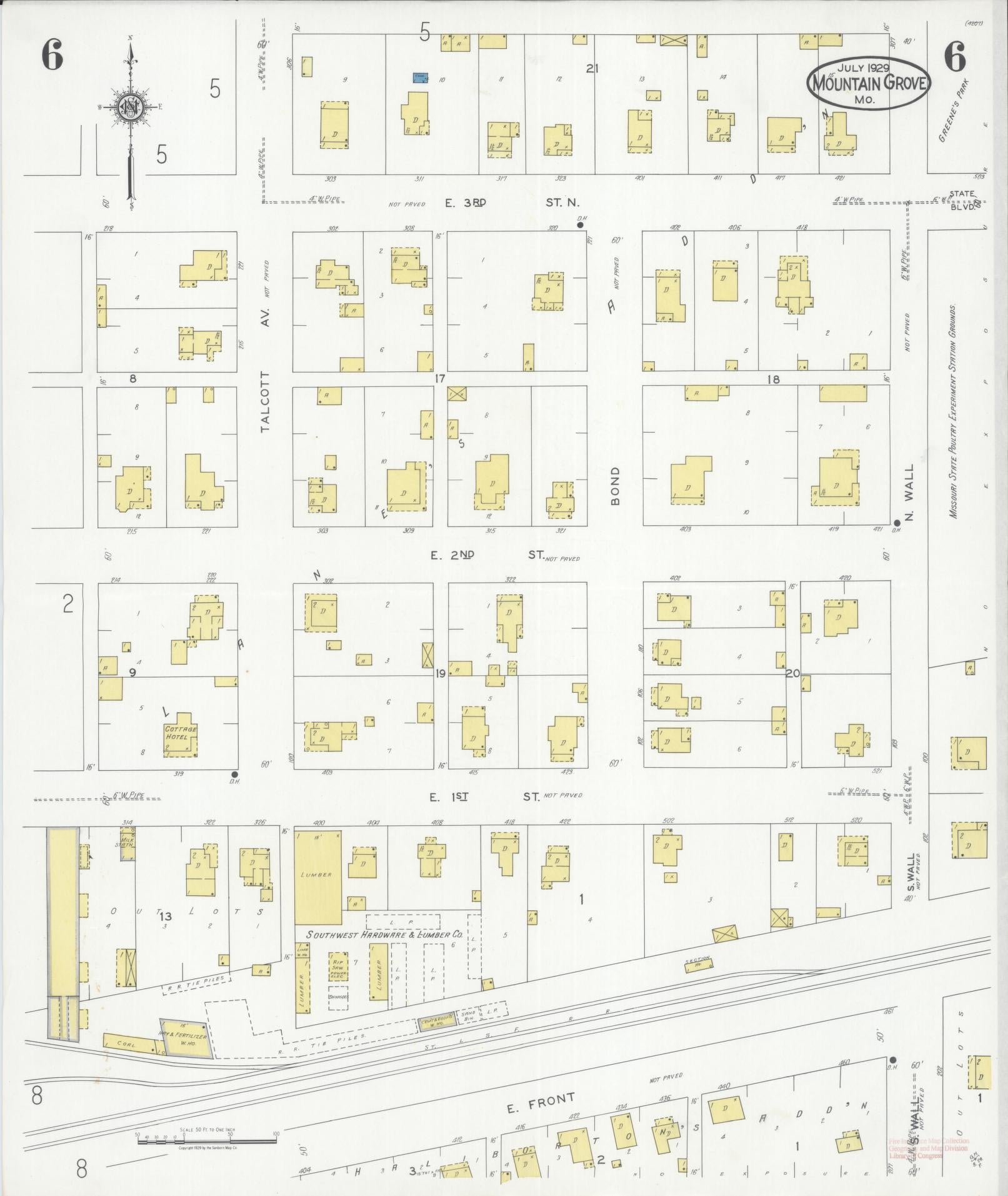 Sanborn Fire Insurance Map from Mountain Grove, Wright County, Missouri (1929), Sheet #0006 - Historic Sanborn Fire Insurance Map Print, vintage old map wall art, antique decor, genealogy gift, Missouri Missouri map