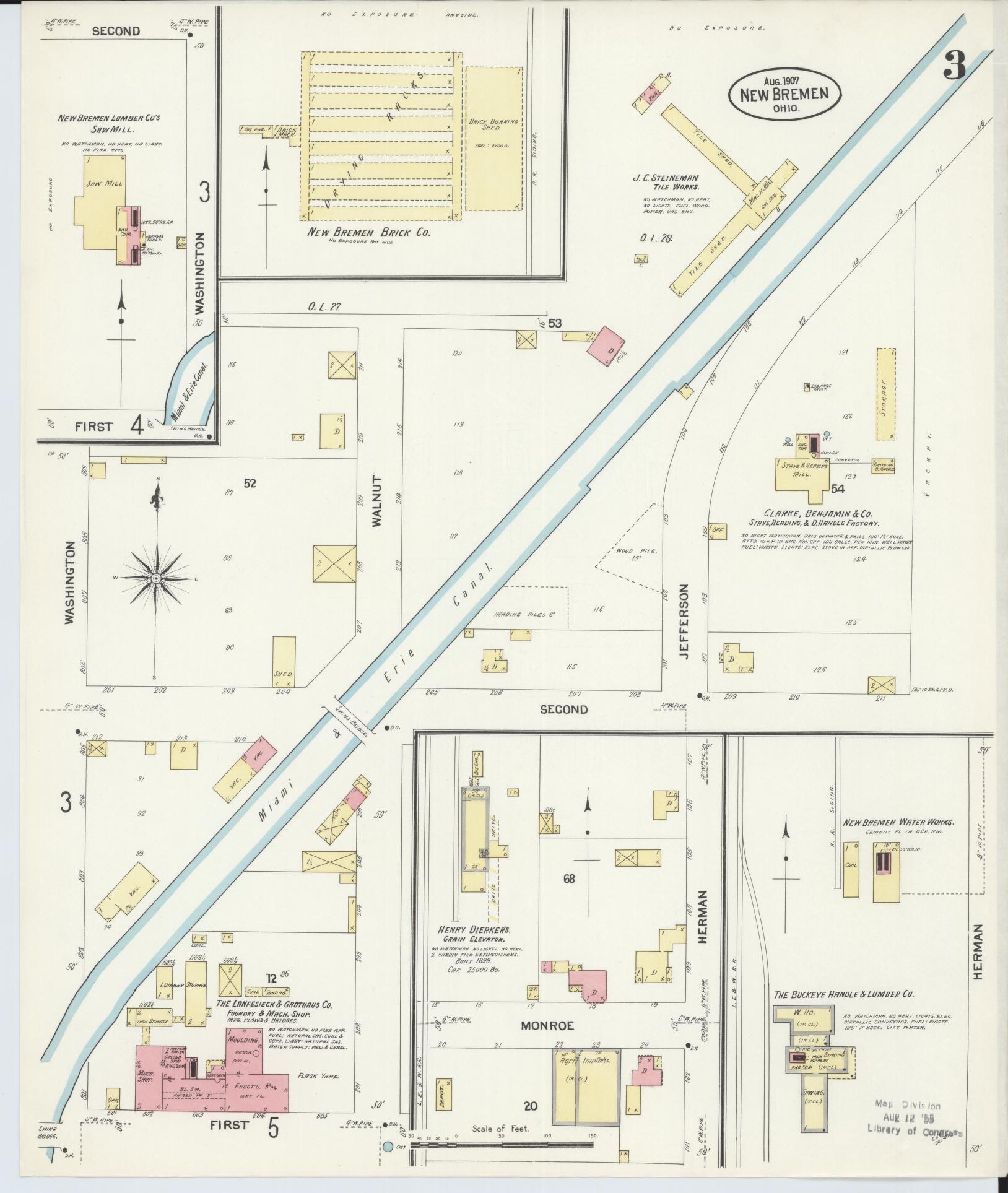 Sanborn Fire Insurance Map from New Bremen, Auglaize County, Ohio (1907), Sheet #0003 - Historic Sanborn Fire Insurance Map Print, vintage old map wall art, antique decor, genealogy gift, Ohio Ohio map
