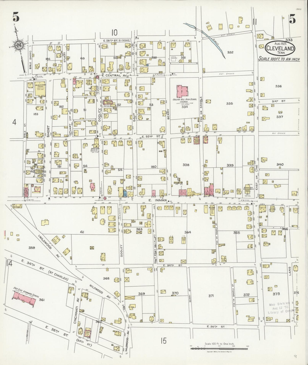 Sanborn Fire Insurance Map from Cleveland, Bradley County, Tennessee (1925), Sheet #0005 - Complete Map Set gallery image, historic Sanborn map, vintage wall art, Tennessee Tennessee