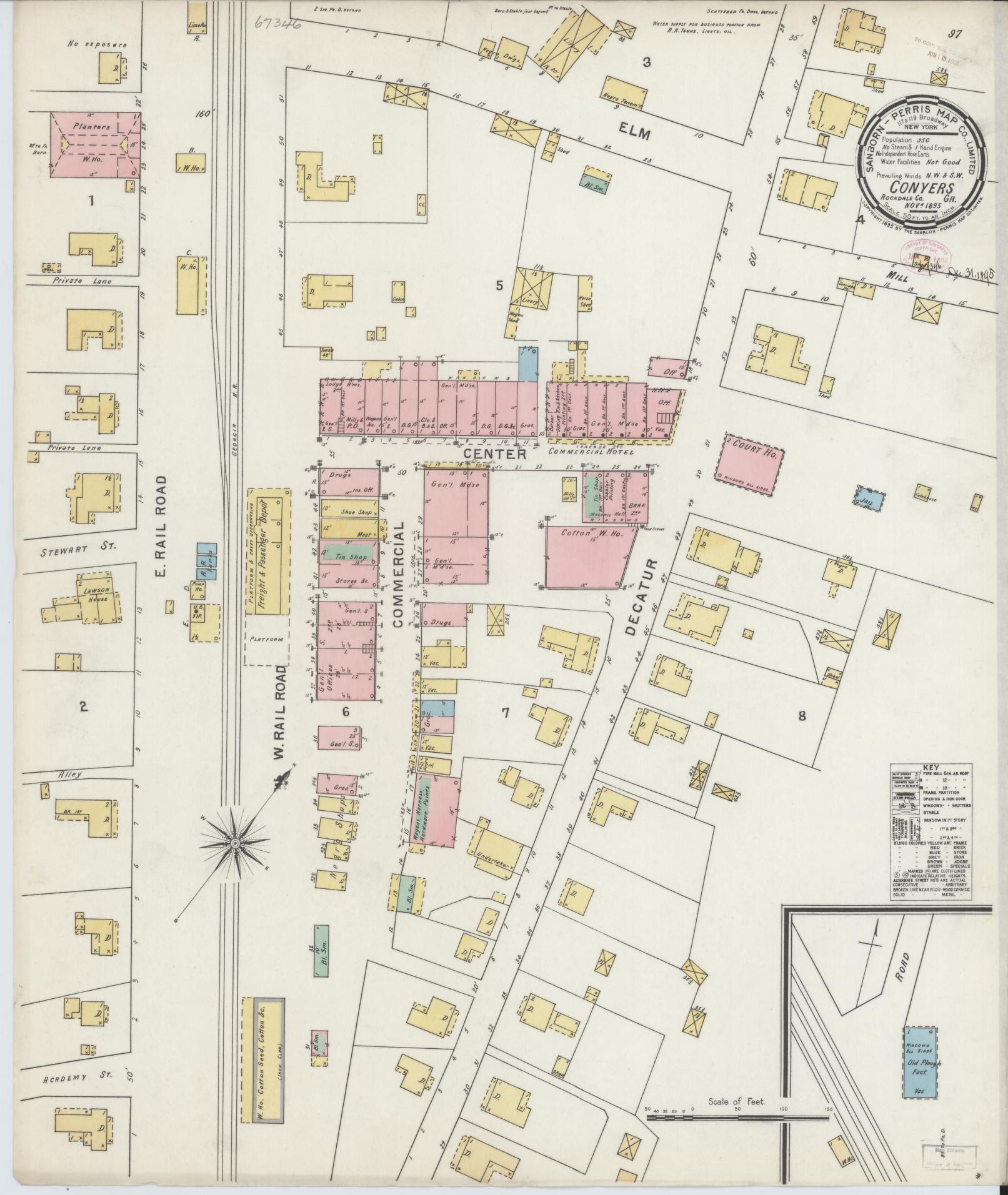 Sanborn Fire Insurance Map from Conyers, Rockdale County, Georgia (1895), Sheet #0001 - Historic Sanborn Fire Insurance Map Print, vintage old map wall art, antique decor, genealogy gift, Georgia Georgia map