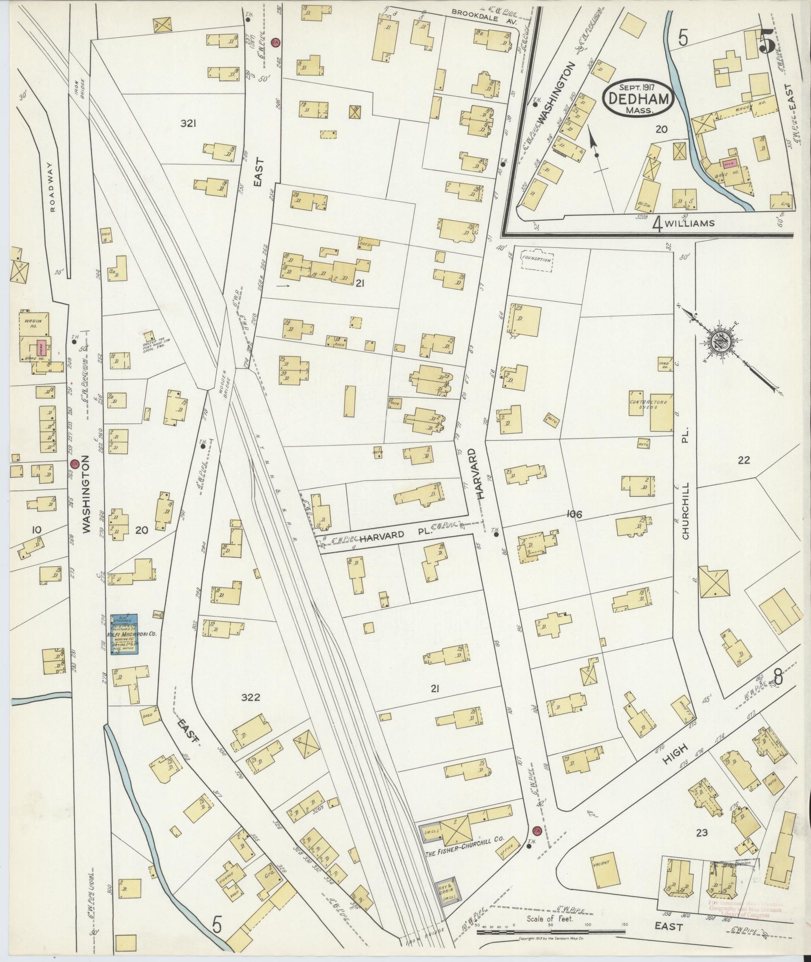 Sanborn Fire Insurance Map from Dedham, Norfolk County, Massachusetts (1917), Sheet #0005 - Complete Map Set gallery image, historic Sanborn map, vintage wall art, Massachusetts Massachusetts